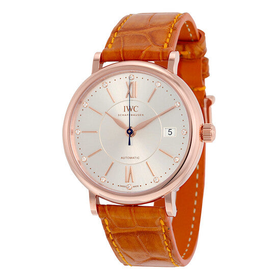 IWC Portofino Automatic Silver Diamond Dial Orange Leather Unisex Watch 4581-05 Item No. IW458105