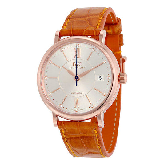 IWC Portofino Automatic Silver Diamond Dial Orange Leather Unisex Watch 4581-05 Item No. IW458105